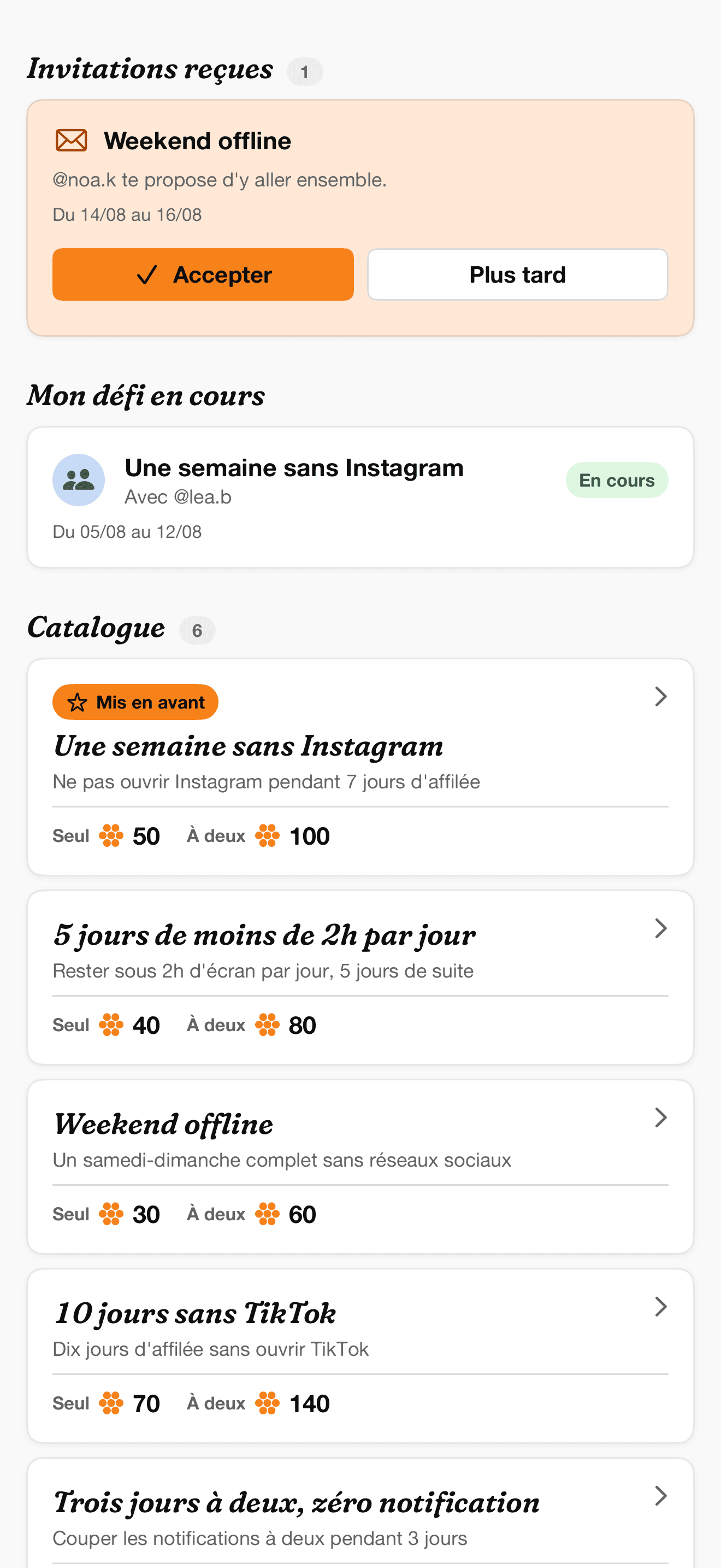 Écran des défis Offmind : une semaine sans Instagram, week-end offline, et les défis à relever à deux